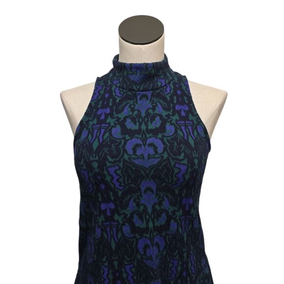 Free People Shift Dress Womens XS Blue Textured Print Amelia Knit Mock Neck Mini - Picture 10 of 13
